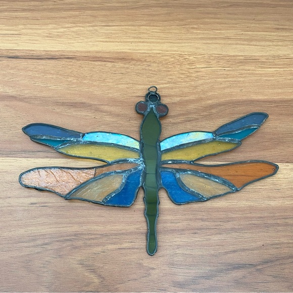 Vintage Stained Glass Dragonfly Window Hanging Sun Catcher 9”X6” Needs REWORK - Picture 3 of 11